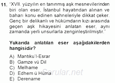 XVII. Yüzyıl Türk Edebiyatı 2014 - 2015 Dönem Sonu Sınavı 11.Soru