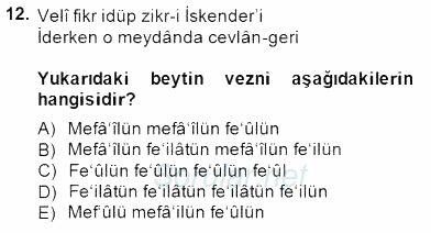 XVII. Yüzyıl Türk Edebiyatı 2014 - 2015 Dönem Sonu Sınavı 12.Soru