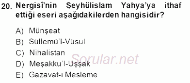 XVII. Yüzyıl Türk Edebiyatı 2014 - 2015 Dönem Sonu Sınavı 20.Soru