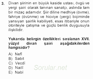 XVII. Yüzyıl Türk Edebiyatı 2014 - 2015 Dönem Sonu Sınavı 3.Soru