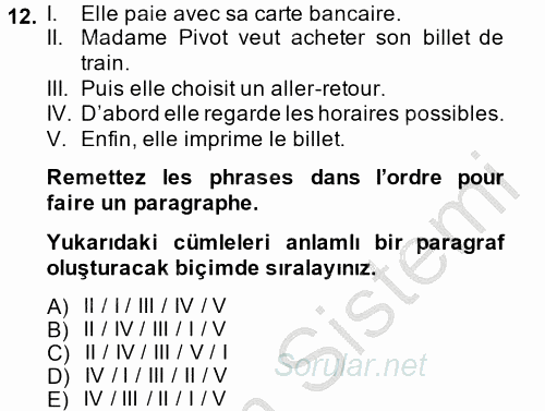 Fransızca 2 2014 - 2015 Ara Sınavı 12.Soru