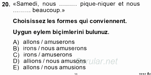 Fransızca 2 2014 - 2015 Ara Sınavı 20.Soru