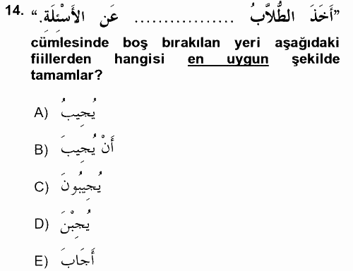 Arapça 4 2015 - 2016 Ara Sınavı 14.Soru