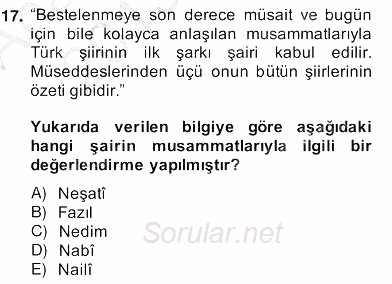 XVII. Yüzyıl Türk Edebiyatı 2013 - 2014 Ara Sınavı 17.Soru