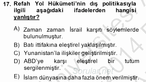 Türk Dış Politikası 2 2013 - 2014 Ara Sınavı 17.Soru