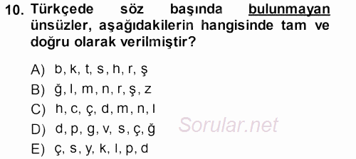 Türkçe Ses Bilgisi 2013 - 2014 Ara Sınavı 10.Soru