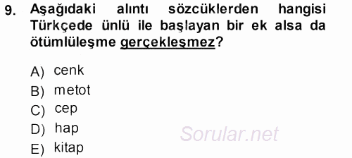 Türkçe Ses Bilgisi 2013 - 2014 Ara Sınavı 9.Soru