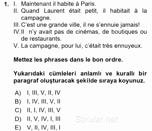 Fransızca 2 2017 - 2018 3 Ders Sınavı 1.Soru