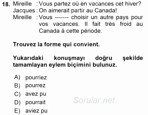 Fransızca 2 2017 - 2018 3 Ders Sınavı 18.Soru