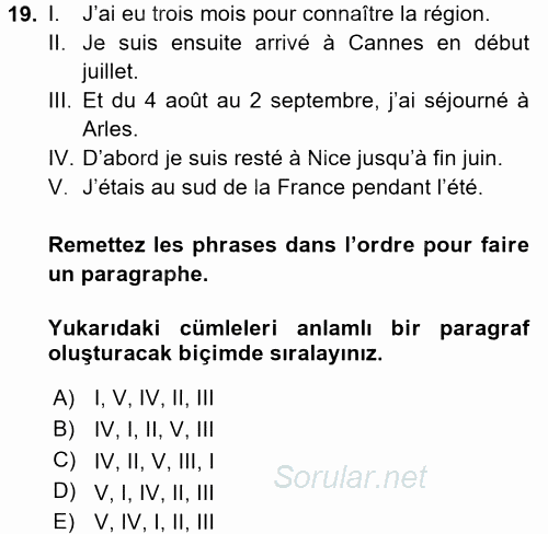 Fransızca 2 2017 - 2018 3 Ders Sınavı 19.Soru