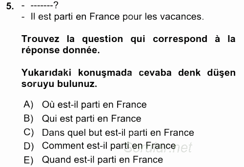 Fransızca 2 2017 - 2018 3 Ders Sınavı 5.Soru