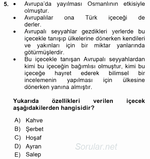 Türk Mutfak Kültürü 2017 - 2018 3 Ders Sınavı 5.Soru