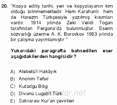 VIII-XIII. Yüzyıllar Türk Edebiyatı 2012 - 2013 Ara Sınavı 20.Soru