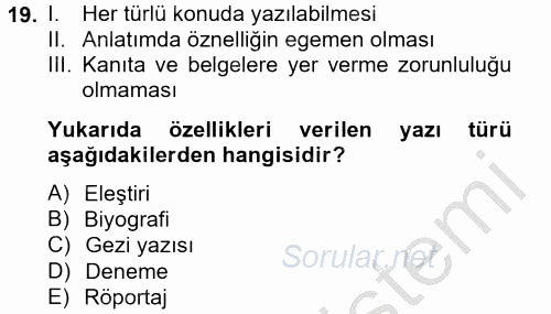 Türk Dili 2 2012 - 2013 Ara Sınavı 19.Soru