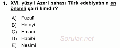 XVI. Yüzyıl Türk Edebiyatı 2016 - 2017 3 Ders Sınavı 1.Soru