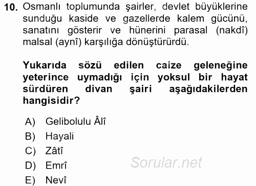 XVI. Yüzyıl Türk Edebiyatı 2016 - 2017 3 Ders Sınavı 10.Soru