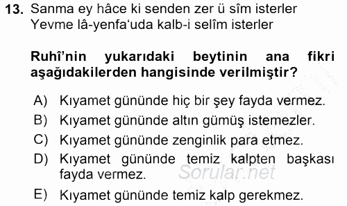 XVI. Yüzyıl Türk Edebiyatı 2016 - 2017 3 Ders Sınavı 13.Soru