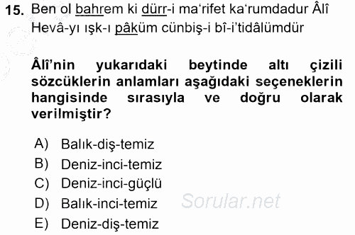 XVI. Yüzyıl Türk Edebiyatı 2016 - 2017 3 Ders Sınavı 15.Soru