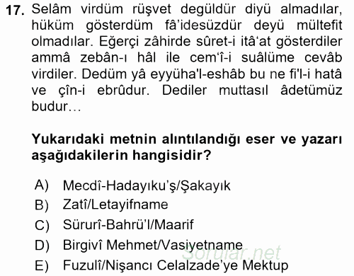 XVI. Yüzyıl Türk Edebiyatı 2016 - 2017 3 Ders Sınavı 17.Soru