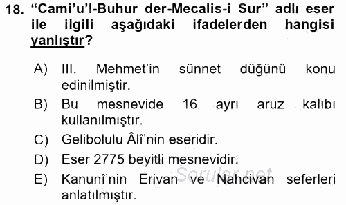 XVI. Yüzyıl Türk Edebiyatı 2016 - 2017 3 Ders Sınavı 18.Soru
