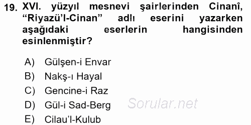 XVI. Yüzyıl Türk Edebiyatı 2016 - 2017 3 Ders Sınavı 19.Soru