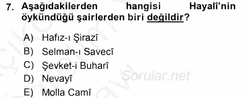 XVI. Yüzyıl Türk Edebiyatı 2016 - 2017 3 Ders Sınavı 7.Soru