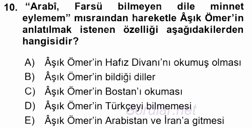 Türk Halk Şiiri 2016 - 2017 3 Ders Sınavı 10.Soru