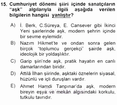 Cumhuriyet Dönemi Türk Şiiri 2015 - 2016 Dönem Sonu Sınavı 15.Soru