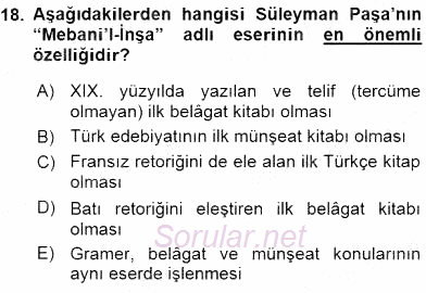 XIX. Yüzyıl Türk Edebiyatı 2015 - 2016 Dönem Sonu Sınavı 18.Soru