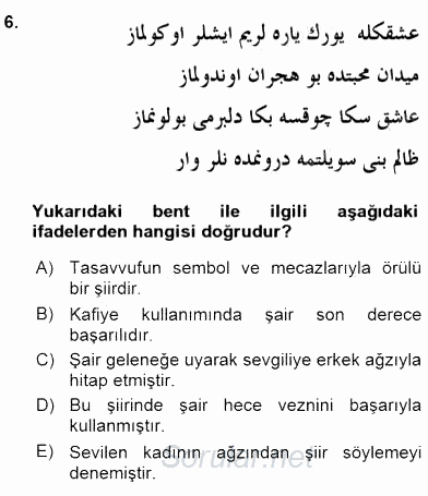 XIX. Yüzyıl Türk Edebiyatı 2015 - 2016 Dönem Sonu Sınavı 6.Soru