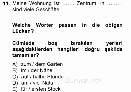 Almanca 1 2013 - 2014 Tek Ders Sınavı 11.Soru