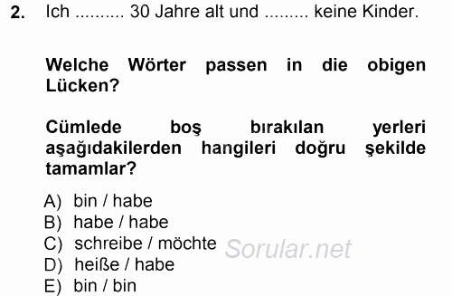 Almanca 1 2013 - 2014 Tek Ders Sınavı 2.Soru