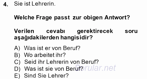 Almanca 1 2013 - 2014 Tek Ders Sınavı 4.Soru