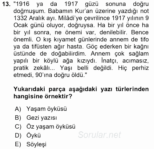 Türk Dili 2 2017 - 2018 Ara Sınavı 13.Soru