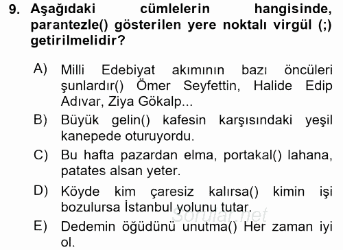 Türk Dili 2 2017 - 2018 Ara Sınavı 9.Soru
