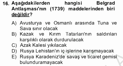 Osmanlı Tarihi (1566-1789) 2014 - 2015 Dönem Sonu Sınavı 16.Soru