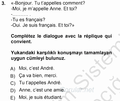 Fransızca 1 2012 - 2013 Ara Sınavı 3.Soru