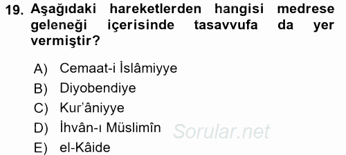 İslam Mezhepleri Tarihi 2015 - 2016 Dönem Sonu Sınavı 19.Soru