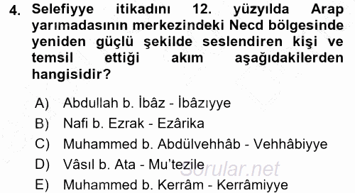 İslam Mezhepleri Tarihi 2015 - 2016 Dönem Sonu Sınavı 4.Soru