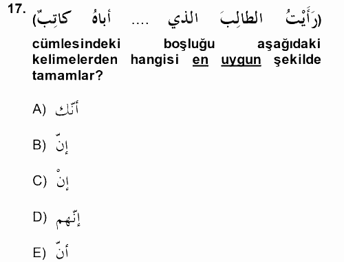 Arapça 2 2014 - 2015 Tek Ders Sınavı 17.Soru