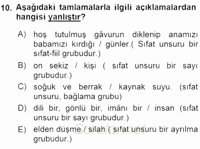 Türkçe Cümle Bilgisi 1 2016 - 2017 Ara Sınavı 10.Soru