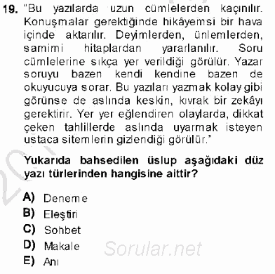 Cumhuriyet Dönemi Türk Nesri 2013 - 2014 Ara Sınavı 19.Soru