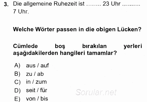 Almanca 1 2016 - 2017 3 Ders Sınavı 3.Soru