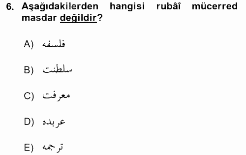 Osmanlı Türkçesi Grameri 1 2016 - 2017 Dönem Sonu Sınavı 6.Soru
