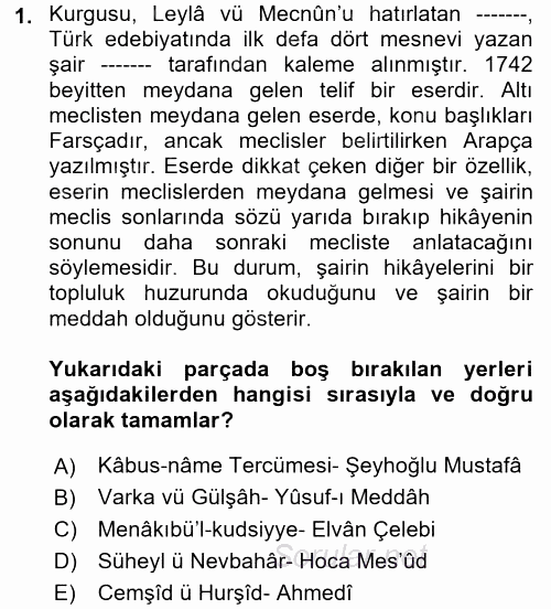 XIV-XV. Yüzyıllar Türk Edebiyatı 2017 - 2018 Ara Sınavı 1.Soru
