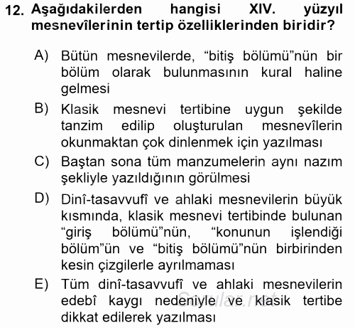 XIV-XV. Yüzyıllar Türk Edebiyatı 2017 - 2018 Ara Sınavı 12.Soru