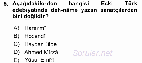 XIV-XV. Yüzyıllar Türk Edebiyatı 2017 - 2018 Ara Sınavı 5.Soru