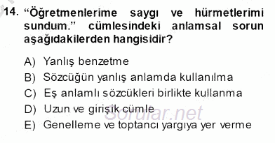 Türkçe Sözlü Anlatım 2013 - 2014 Dönem Sonu Sınavı 14.Soru