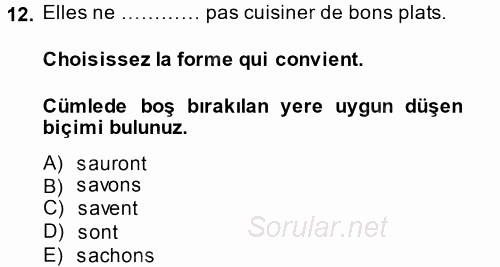 Fransızca 1 2014 - 2015 Tek Ders Sınavı 12.Soru