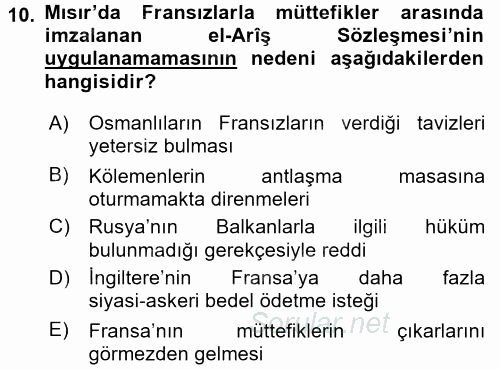 Osmanlı Tarihi (1789-1876) 2015 - 2016 Ara Sınavı 10.Soru